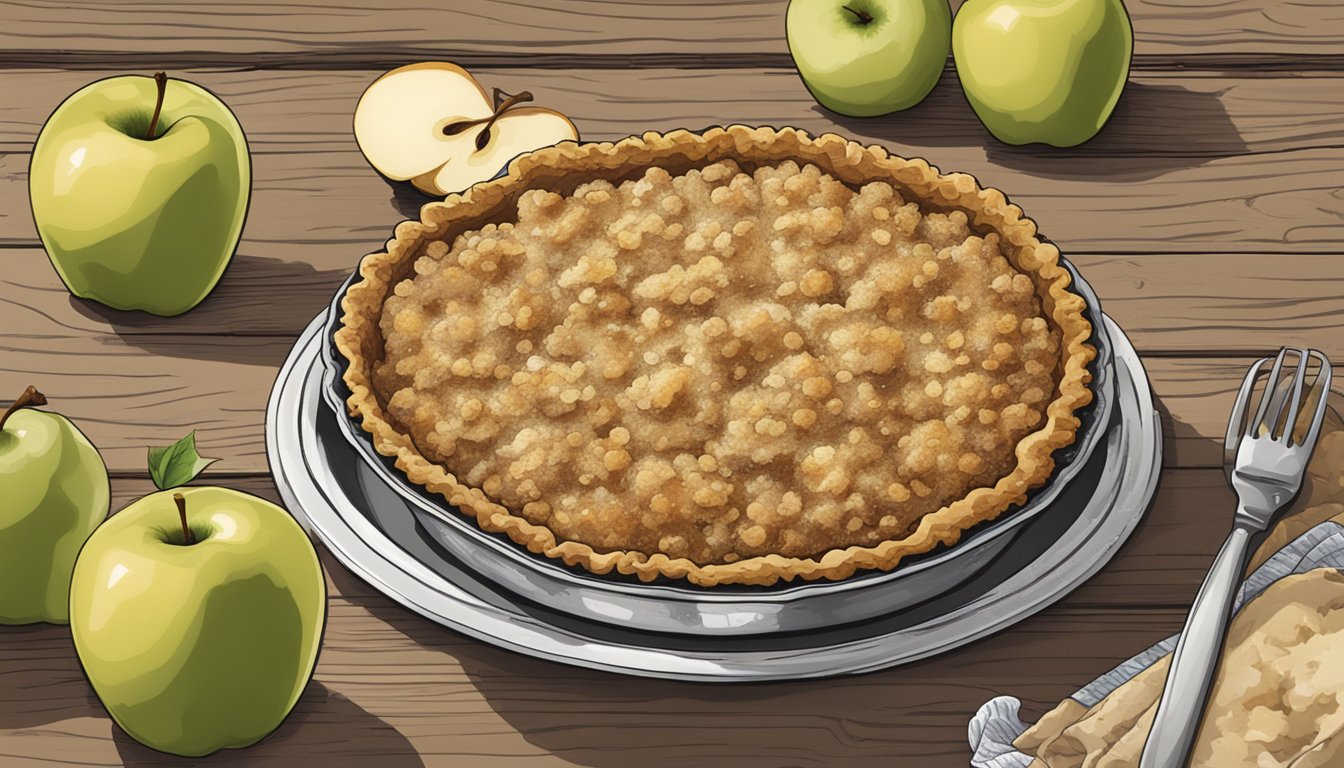 A rustic pie dish filled with bubbling Texas apple crisp, topped with a golden, crumbly crust, sits on a weathered wooden table