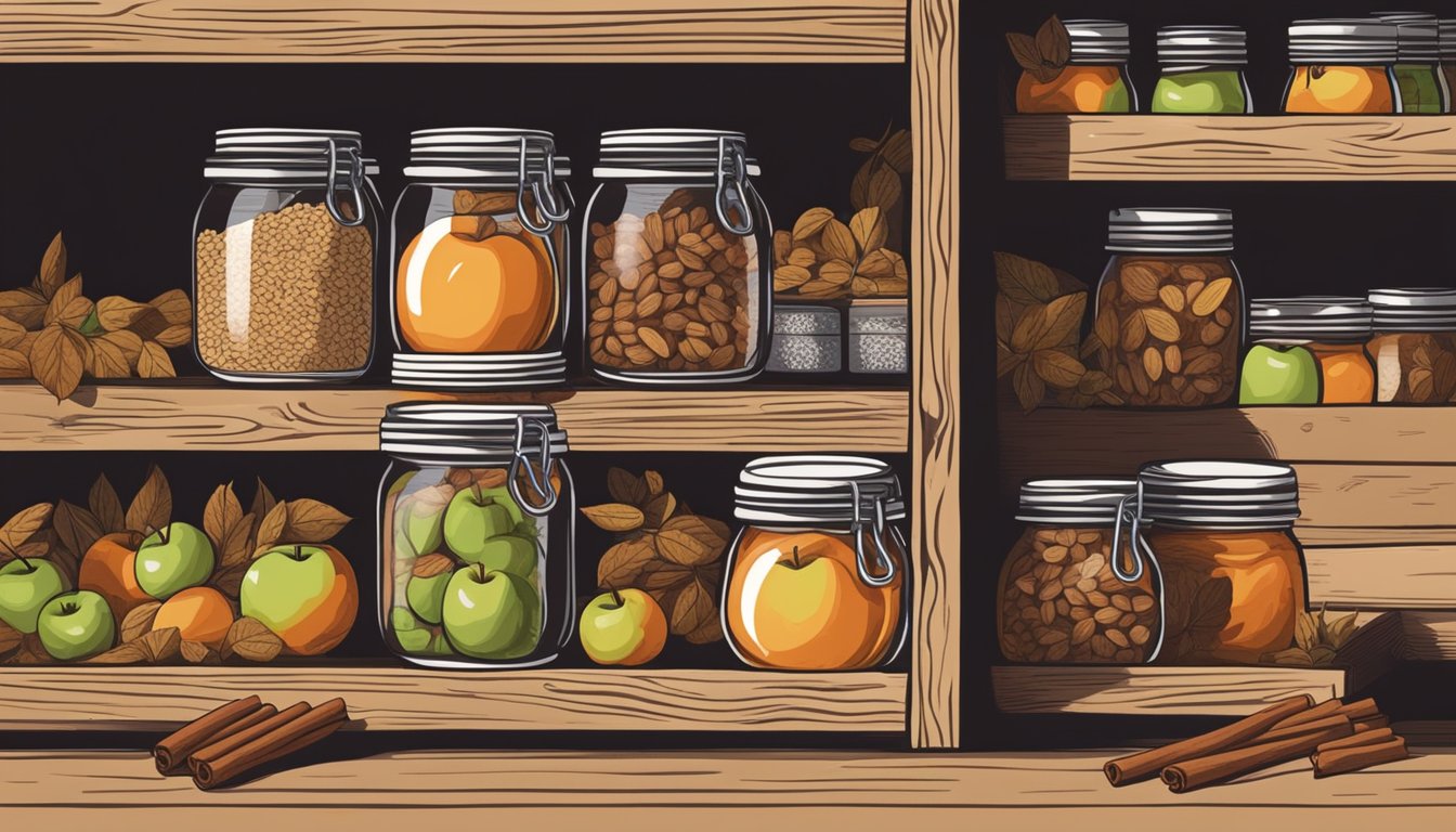 A rustic wooden crate filled with fresh Texas apples, surrounded by jars of cinnamon, sugar, and oats. A hand reaching for a canning jar