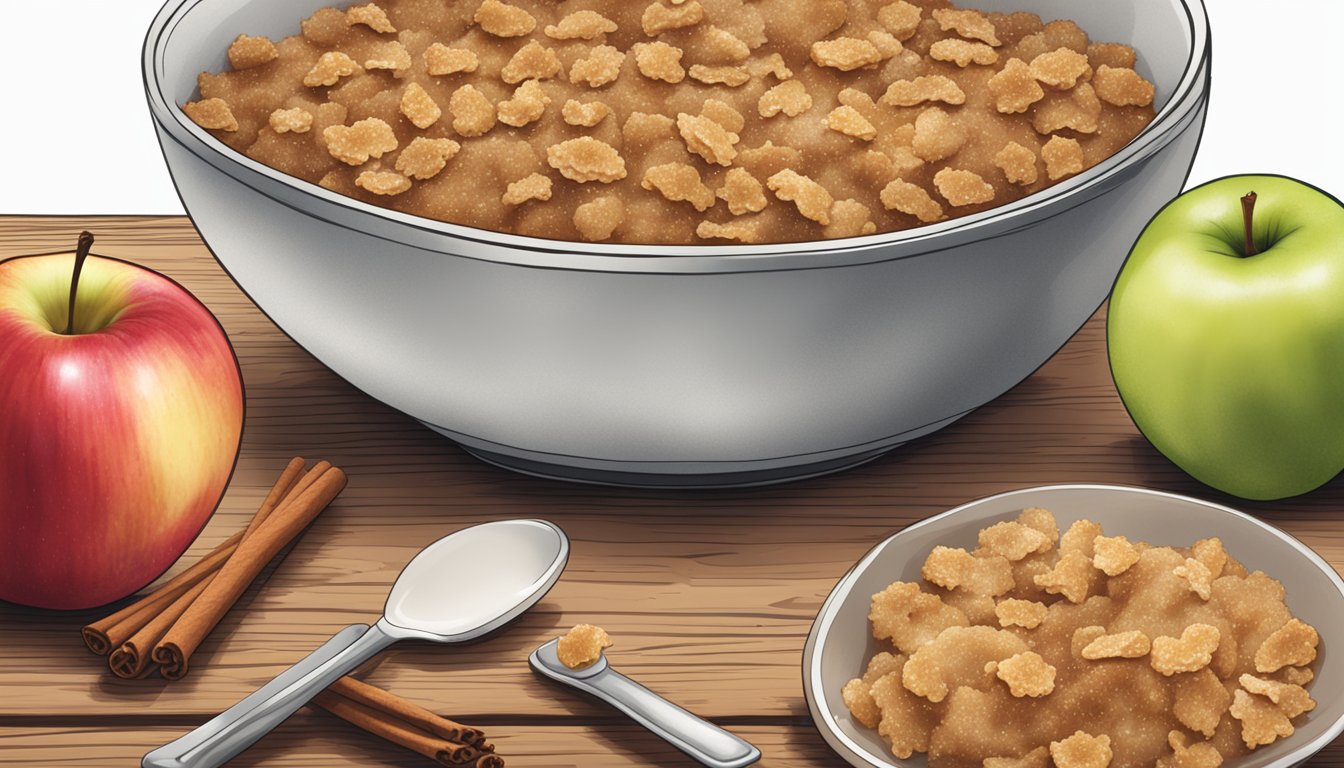 A rustic wooden table with a bowl of freshly baked Texas apple crisp surrounded by scattered apples, cinnamon sticks, and a measuring cup of sugar