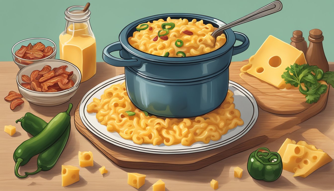 A steaming pot of Texan mac and cheese surrounded by ingredients like sharp cheddar, jalapenos, and bacon, evoking a sense of comfort and indulgence