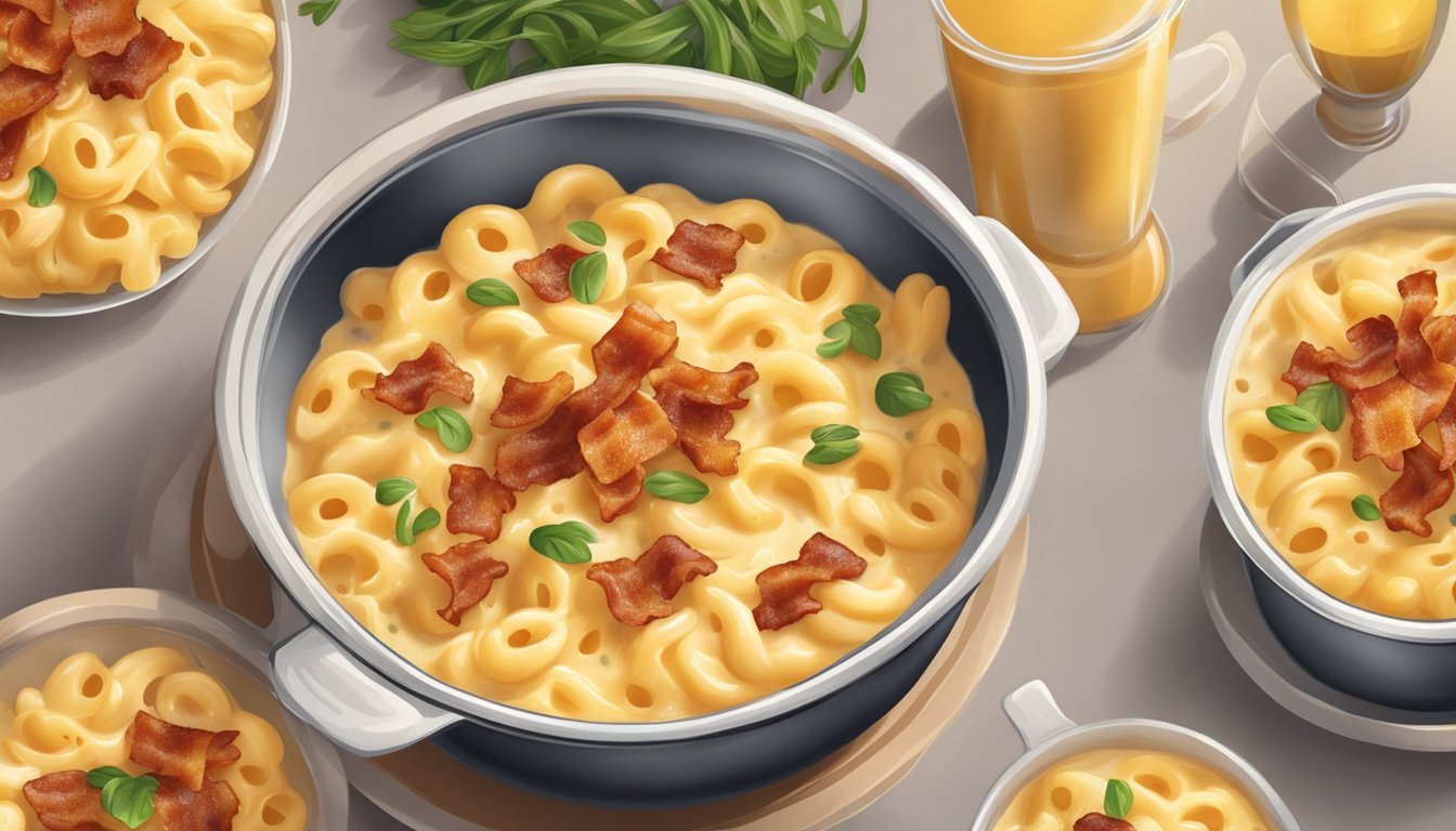 A bubbling pot of macaroni simmering in a creamy cheese sauce, with a hint of smoky barbecue flavor and crispy bacon on top