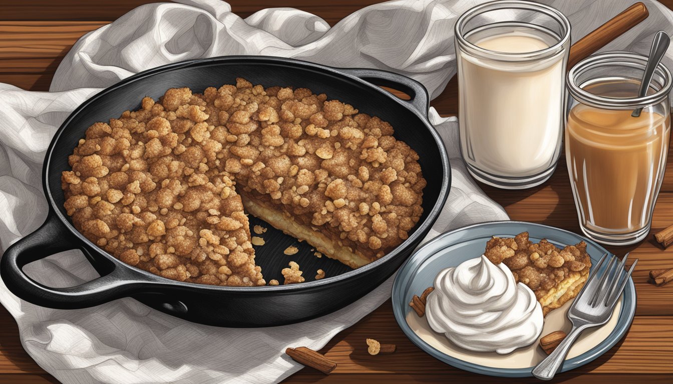 A rustic wooden table set with a steaming cast iron skillet of Texas apple crisp, topped with a dollop of whipped cream and a sprinkle of cinnamon