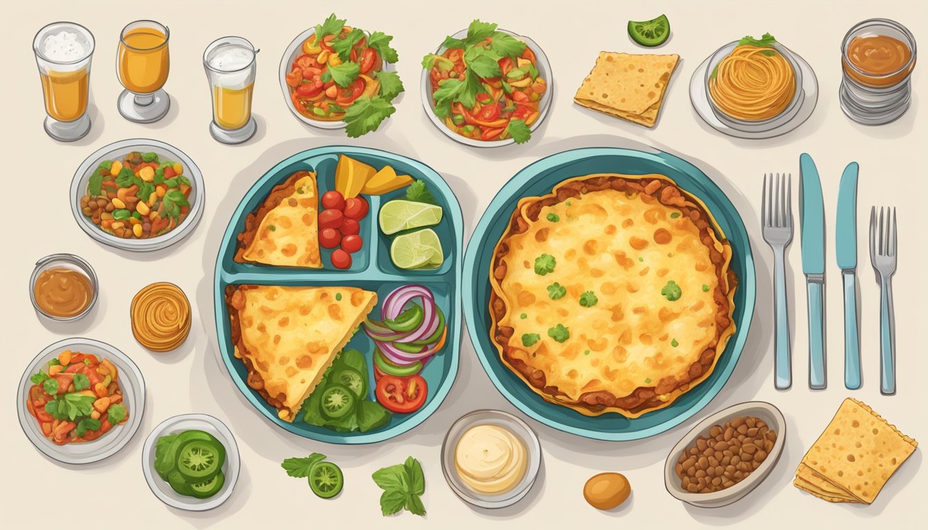 A table set with tex mex lasagna, surrounded by various food allergy and dietary restriction symbols