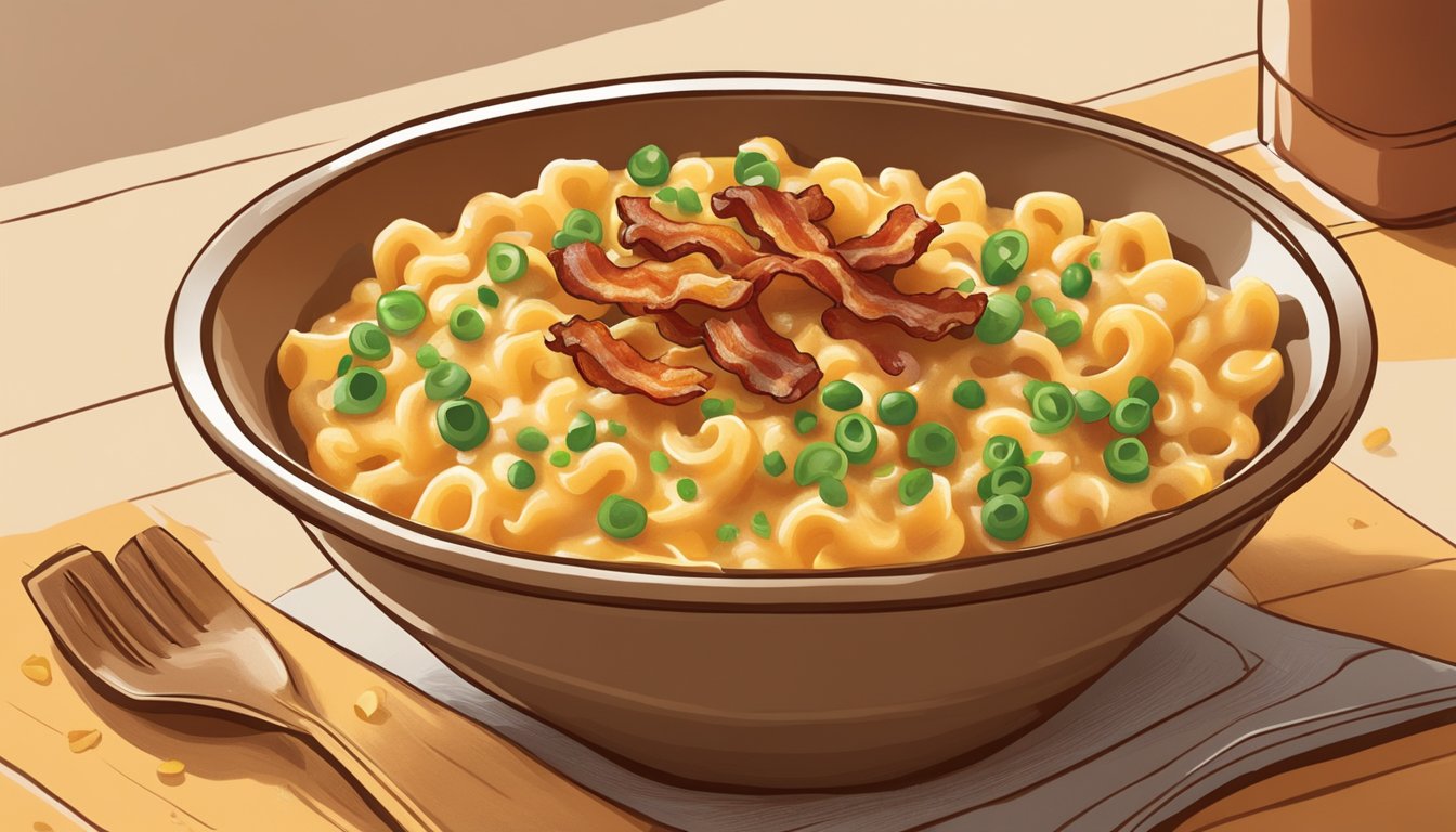 A steaming bowl of mac and cheese topped with crispy bacon, green onions, and a sprinkle of paprika