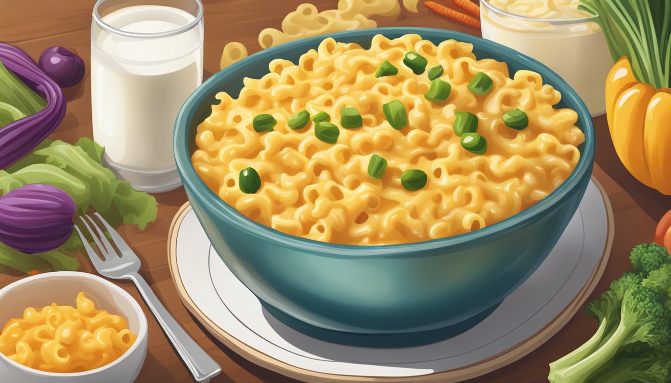 A steaming bowl of Texan mac and cheese surrounded by colorful vegetables and a glass of milk