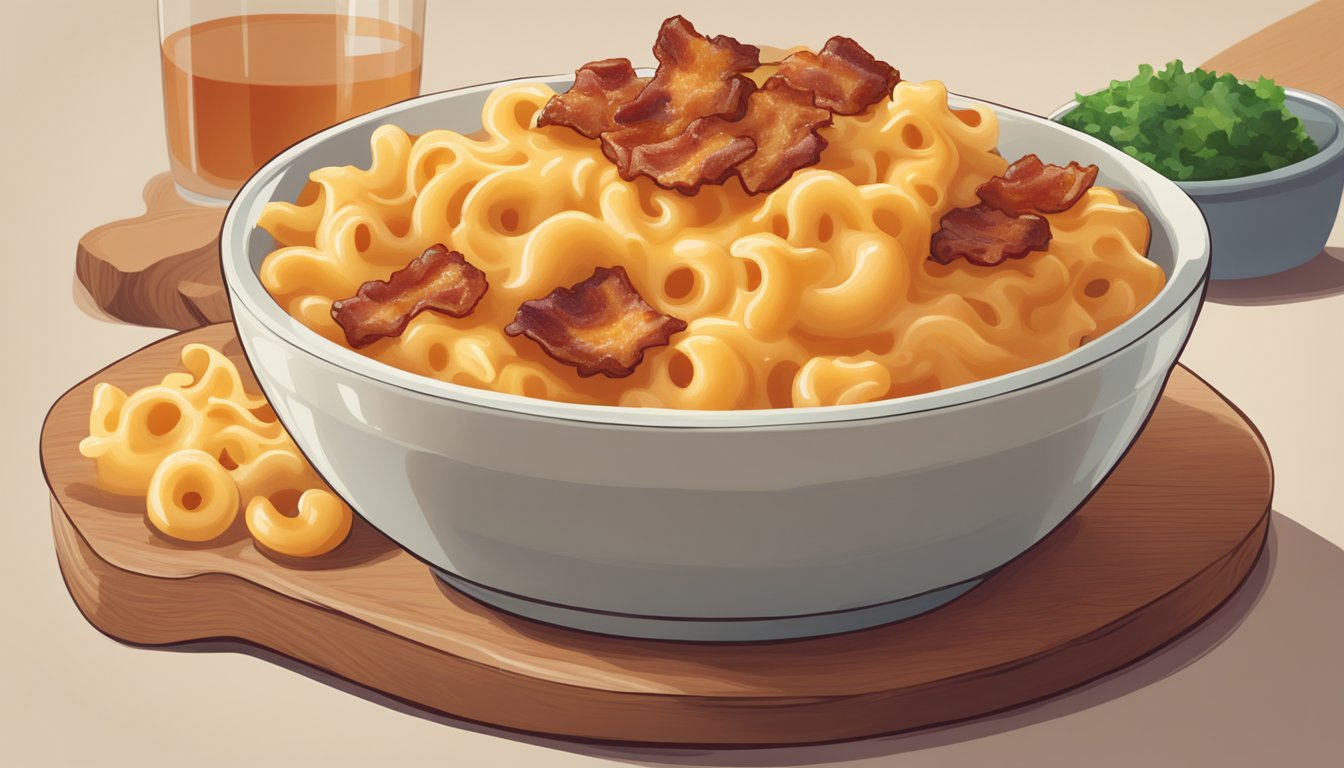 A steaming bowl of texan mac and cheese with a side of crispy bacon and a dollop of tangy barbecue sauce