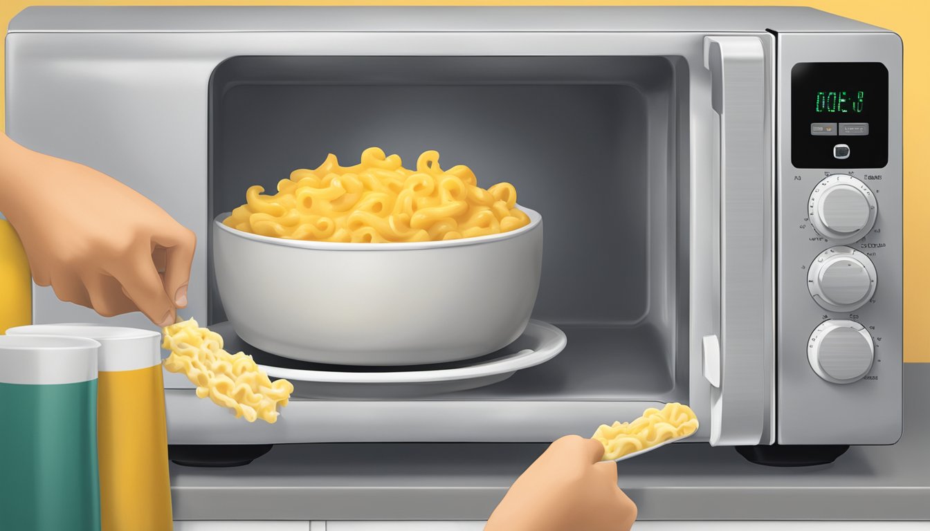 A steaming bowl of Texan mac and cheese being removed from a microwave