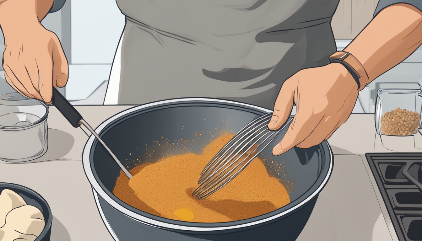 A chef whisking together a blend of spices, herbs, and liquids in a mixing bowl for marinating Texas barbecued chicken