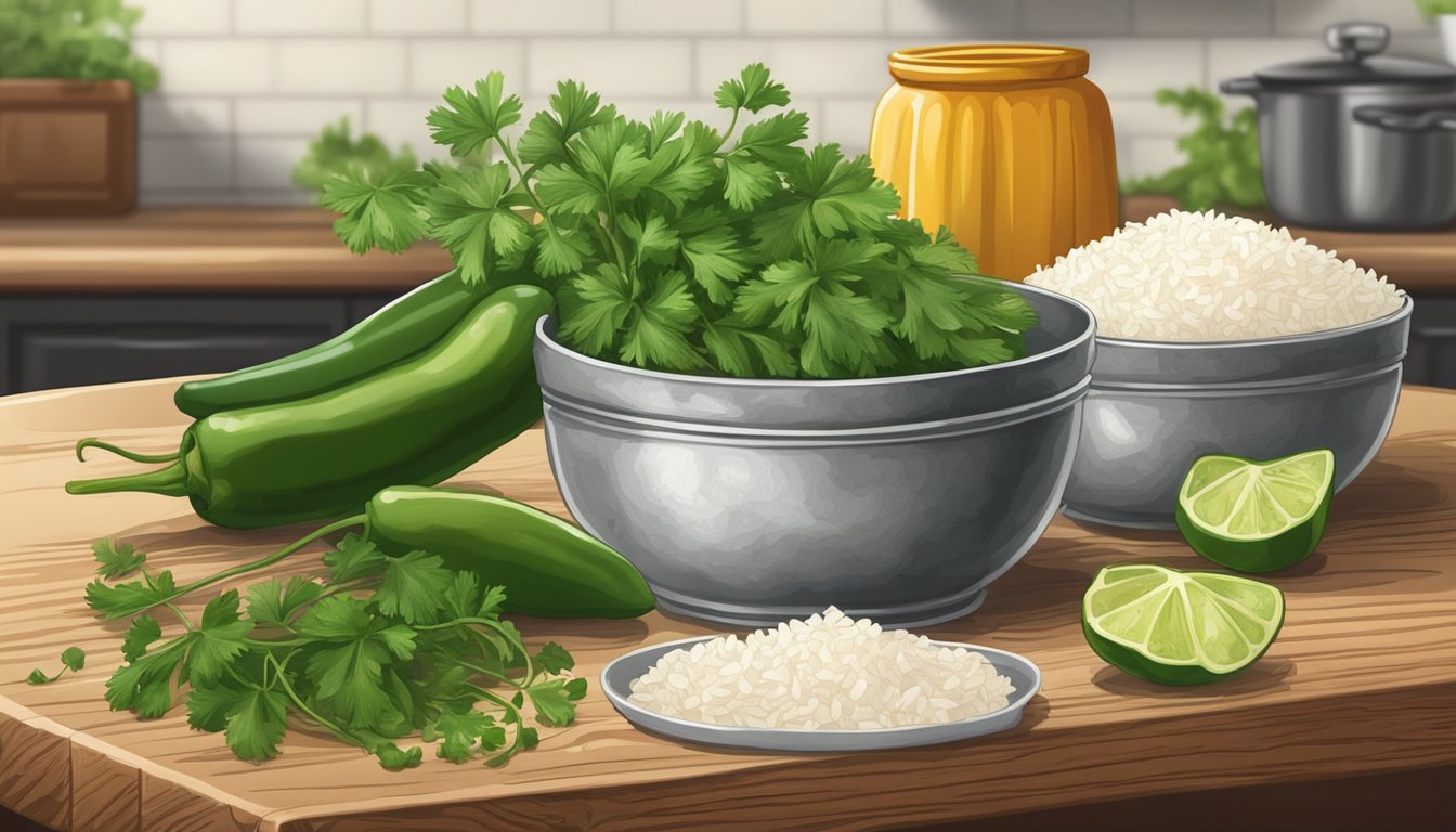 A rustic kitchen table with fresh cilantro, poblano peppers, and long grain rice