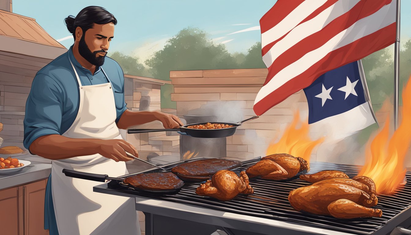 A chef grills chicken over an open flame, basting it with a thick, rich barbecue sauce, with a Texas flag flying in the background