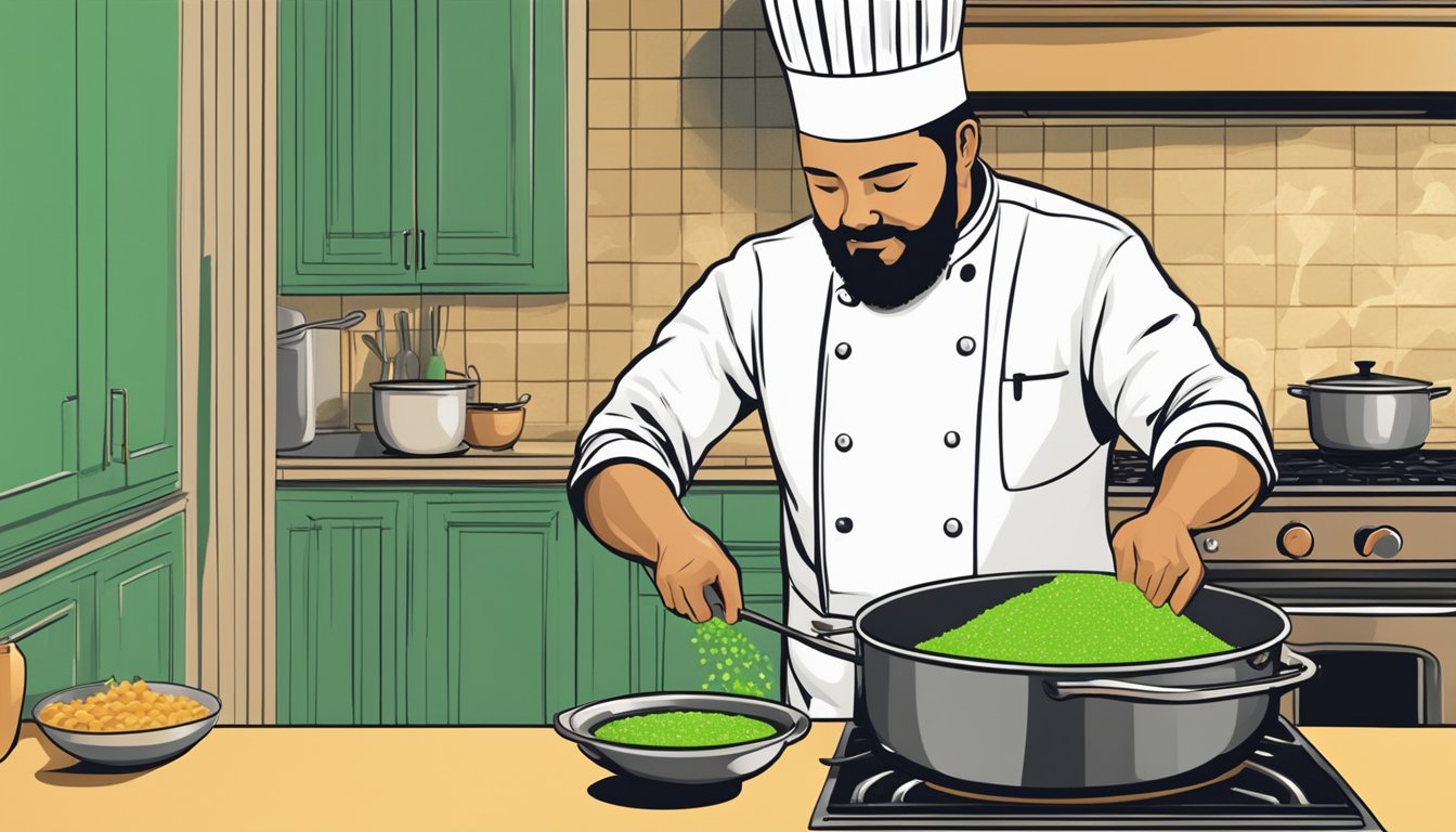 A chef stirring a pot of arroz verde over a hot stove