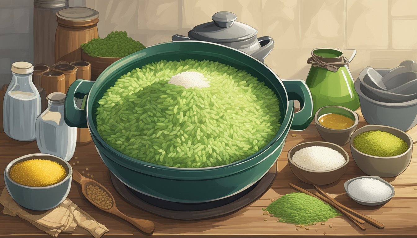 A bubbling pot of green rice surrounded by various broths and oils in a rustic Texas kitchen