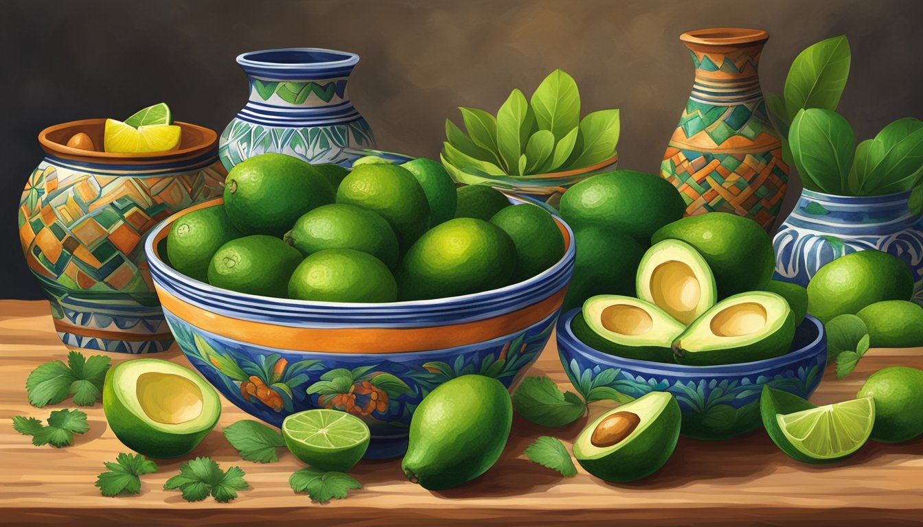 A bowl of avocados, limes, and cilantro surrounded by traditional Mexican pottery and decorative elements