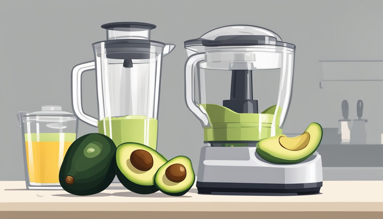 A ripe Texas avocado being blended into a creamy, smooth crema in a food processor