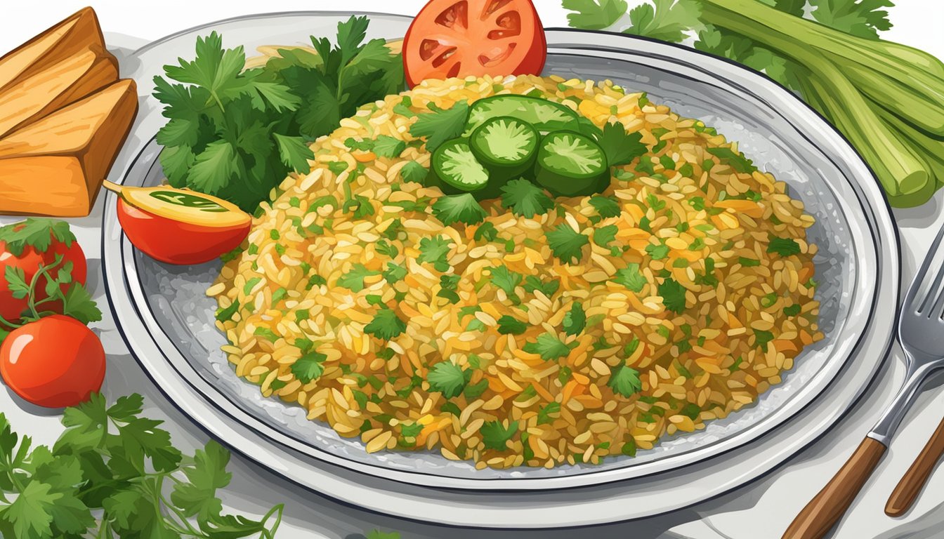 A colorful plate with Texas arroz verde, garnished with fresh cilantro and served alongside grilled vegetables