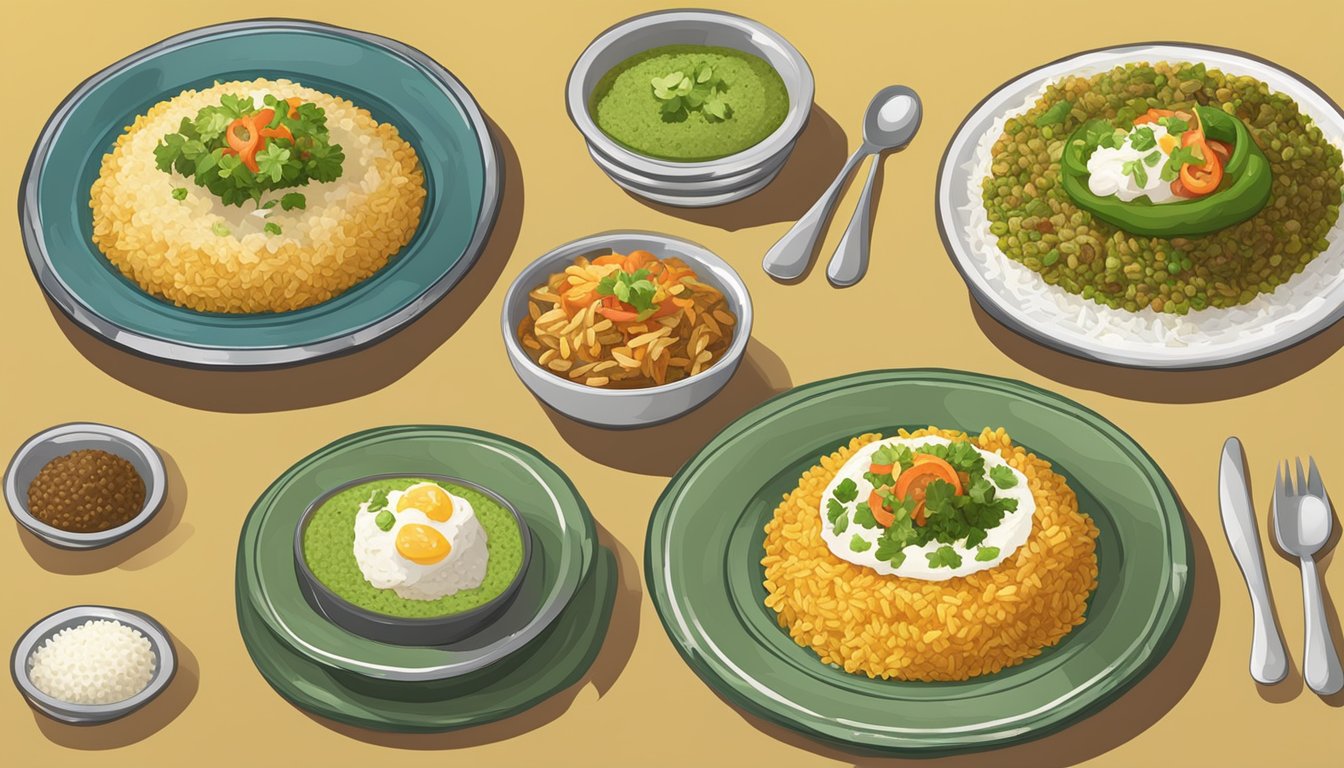 A table set with various plates of Texas arroz verde in different customizations and variations