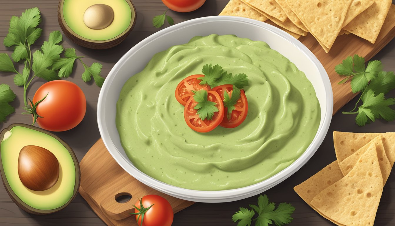 A bowl of creamy avocado crema surrounded by sliced tomatoes, cilantro, and tortilla chips on a wooden serving board