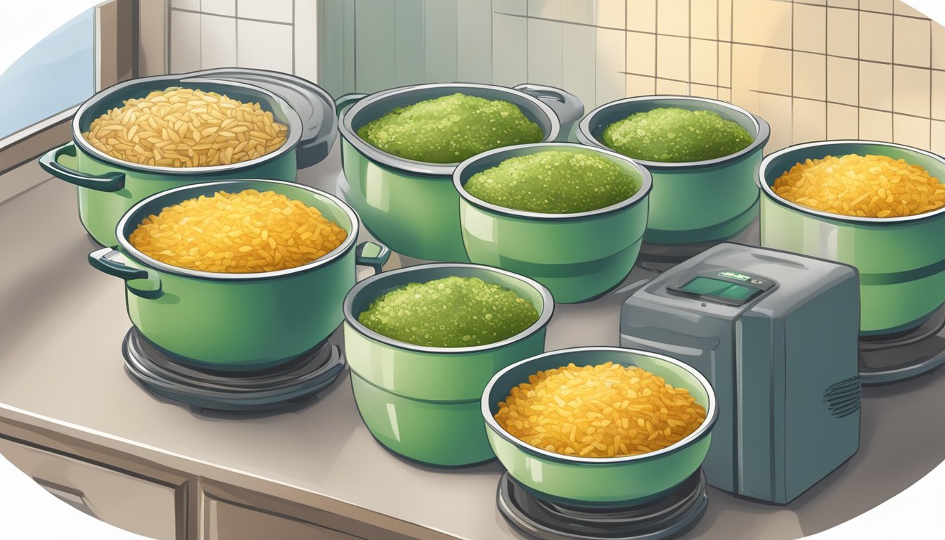 A pot of Texas arroz verde being transferred into airtight containers for storage, with a microwave in the background for reheating