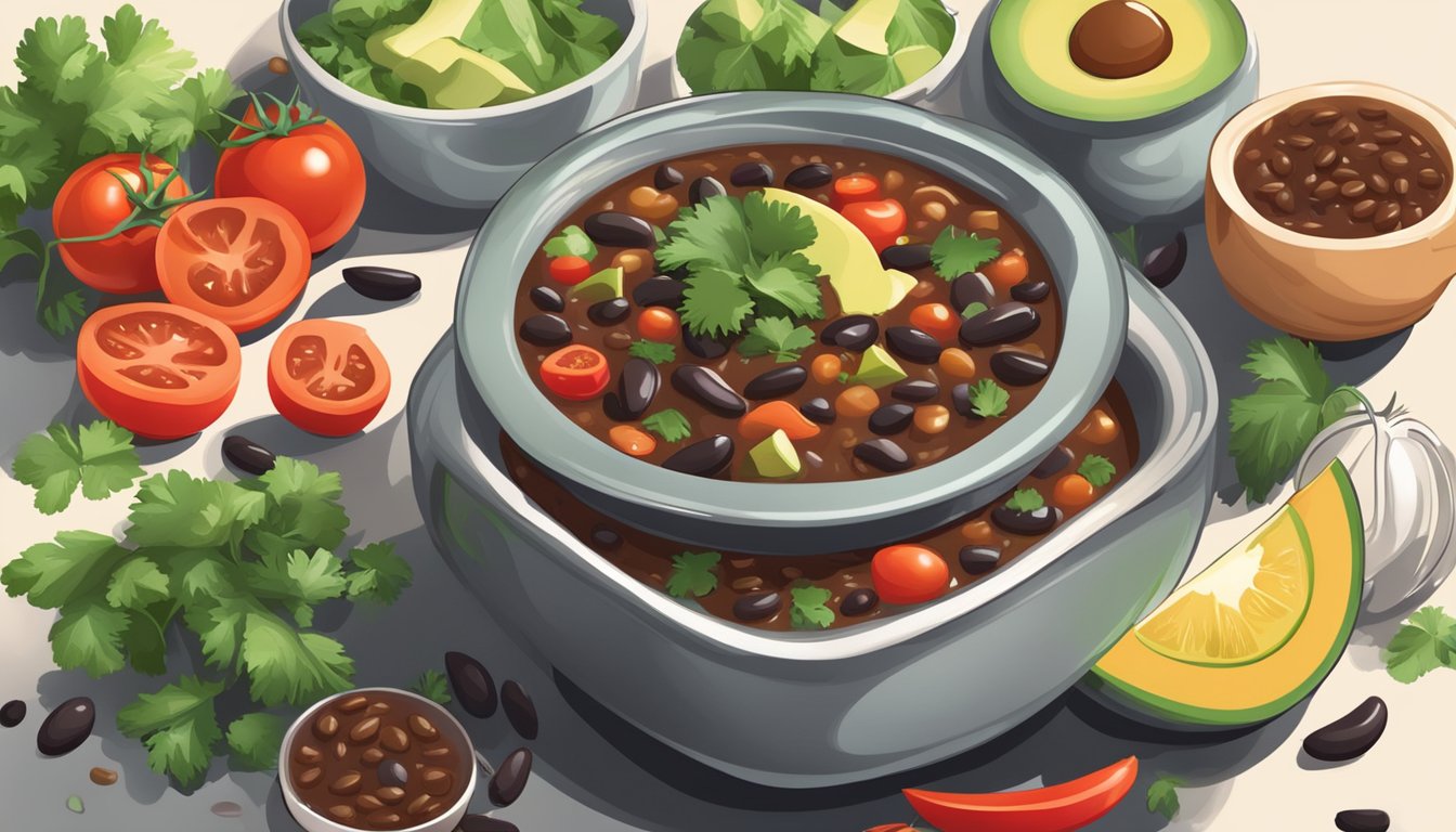 A steaming bowl of Texas black bean soup surrounded by vibrant, fresh ingredients like tomatoes, cilantro, and avocado