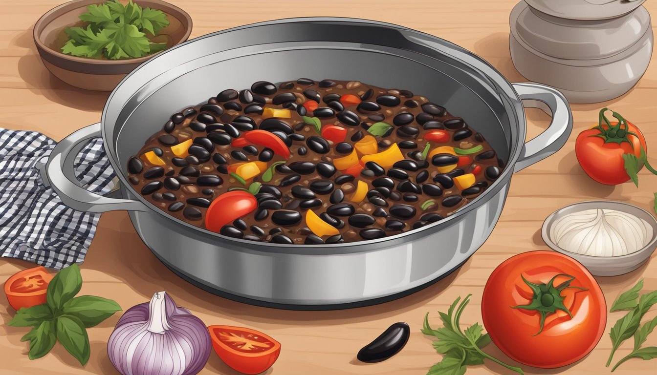 A pot simmering with black beans, tomatoes, and spices. Chopped onions, garlic, and peppers on the counter