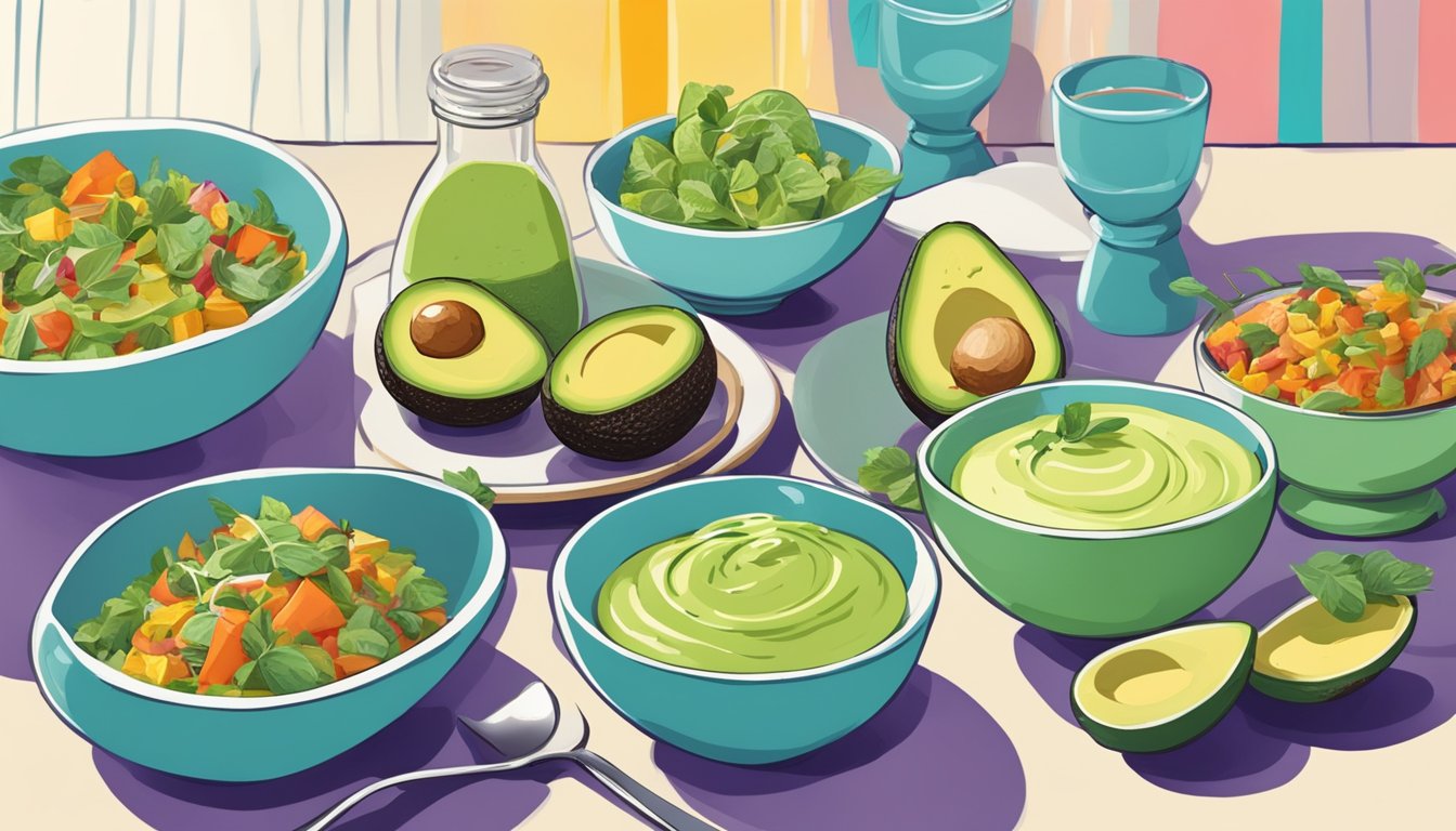 A table set with colorful dishes and a bowl of Texas avocado crema at a lively event