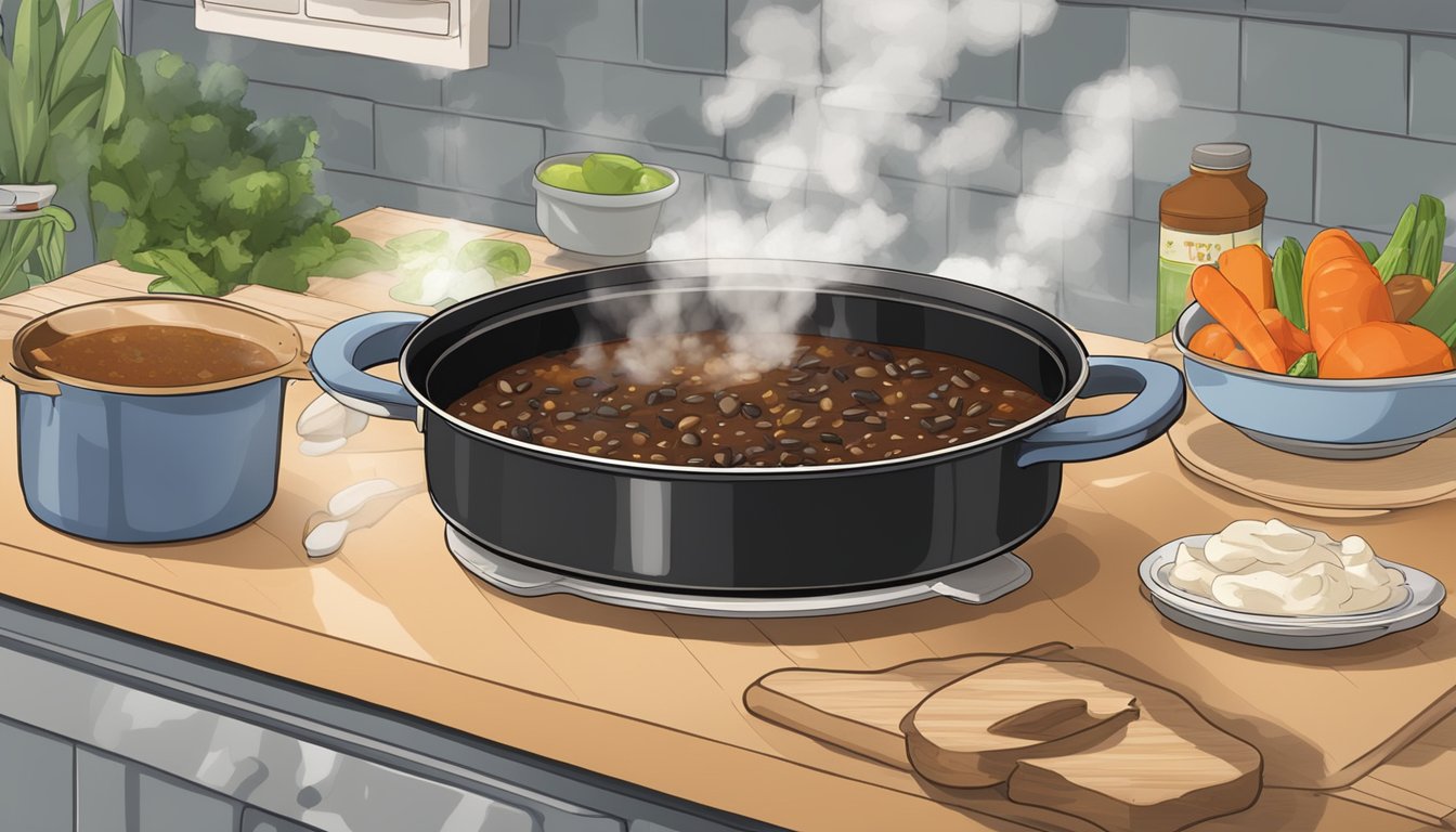 A pot simmering on a stovetop, filled with Texas black bean soup. Steam rises from the pot, and various ingredients surround it on the counter