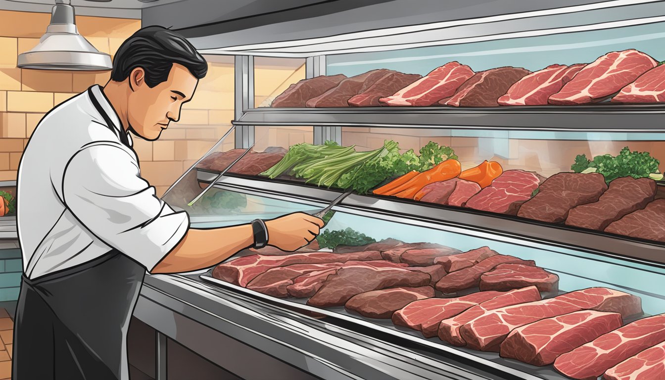 A chef selecting the perfect cut of beef from a display case at a Texas beef barbacoa restaurant