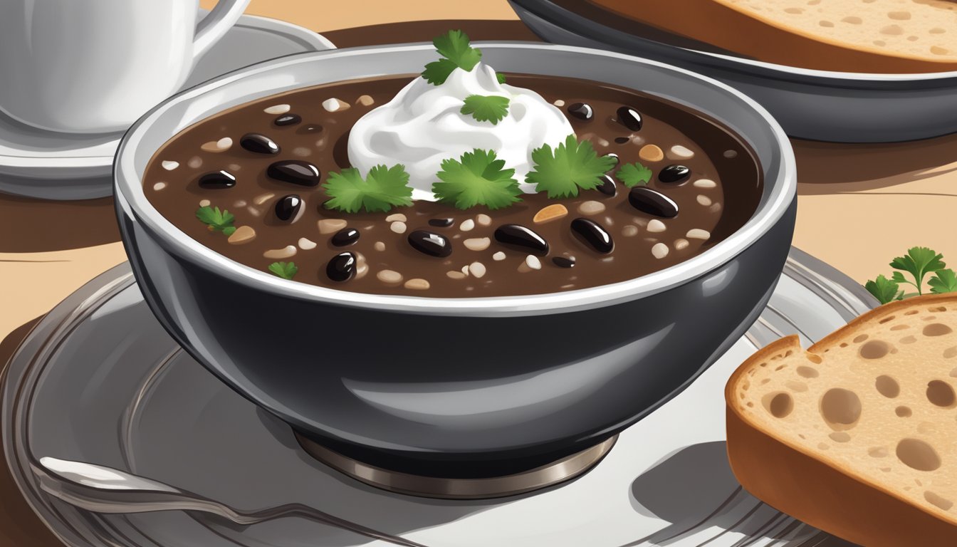 A steaming bowl of Texas black bean soup with a dollop of sour cream and a sprinkle of chopped cilantro, accompanied by a slice of crusty bread