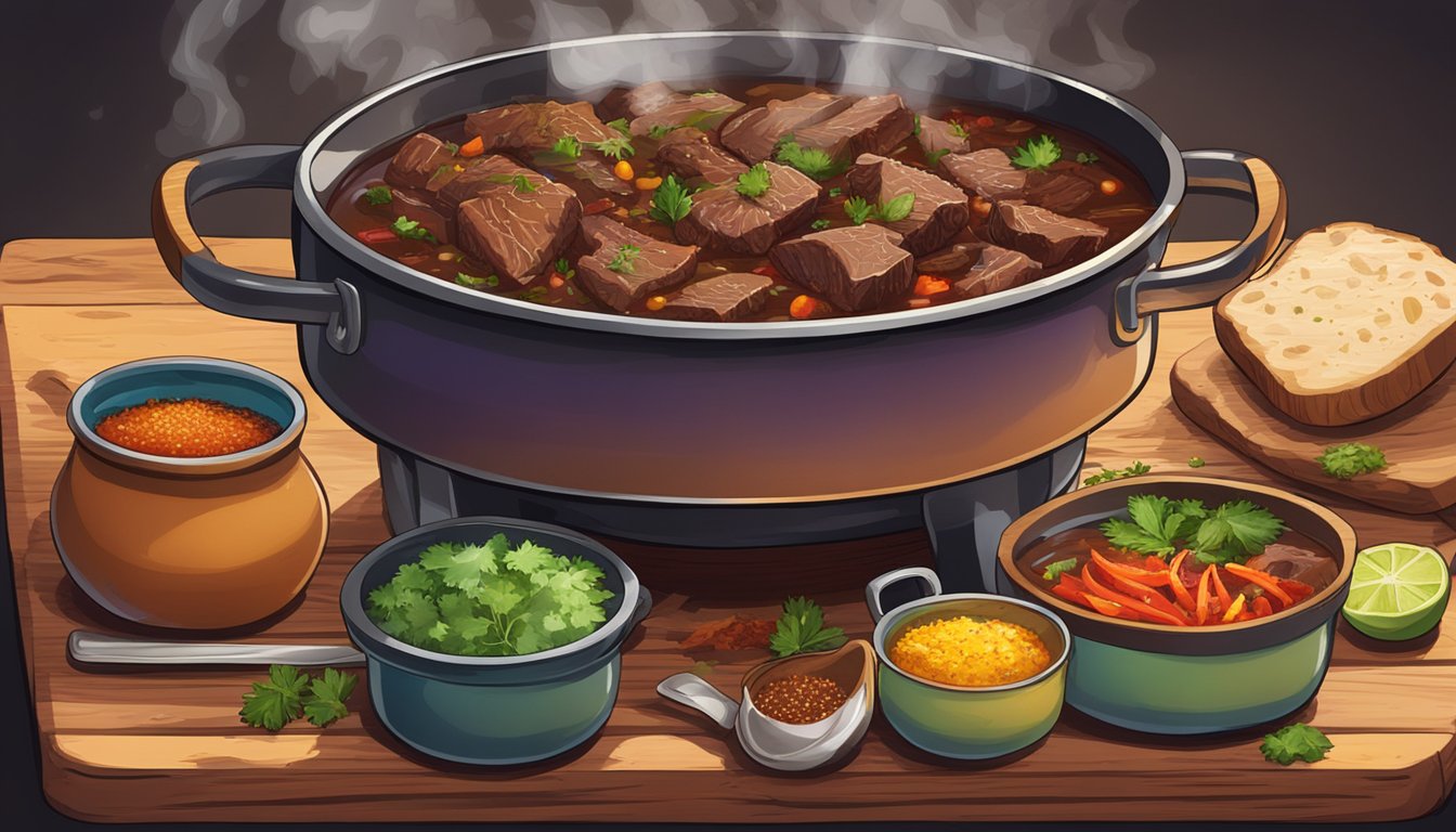 A large pot simmering with chunks of Texas beef barbacoa, surrounded by colorful spices and herbs on a wooden cutting board