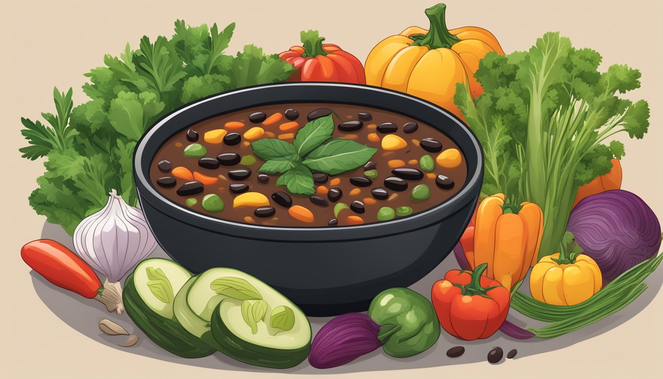 A steaming bowl of Texas black bean soup surrounded by colorful vegetables and herbs