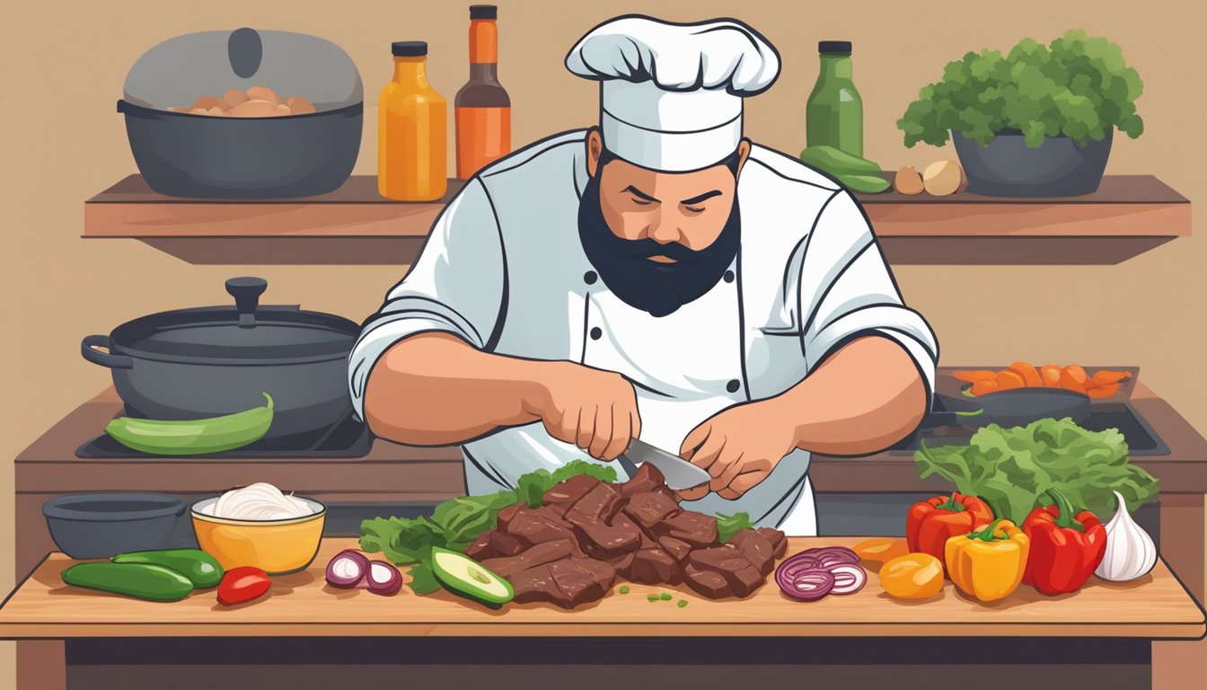 A chef selects fresh ingredients for Texas beef fajita soup. Onions, peppers, and tender beef are arranged on a cutting board