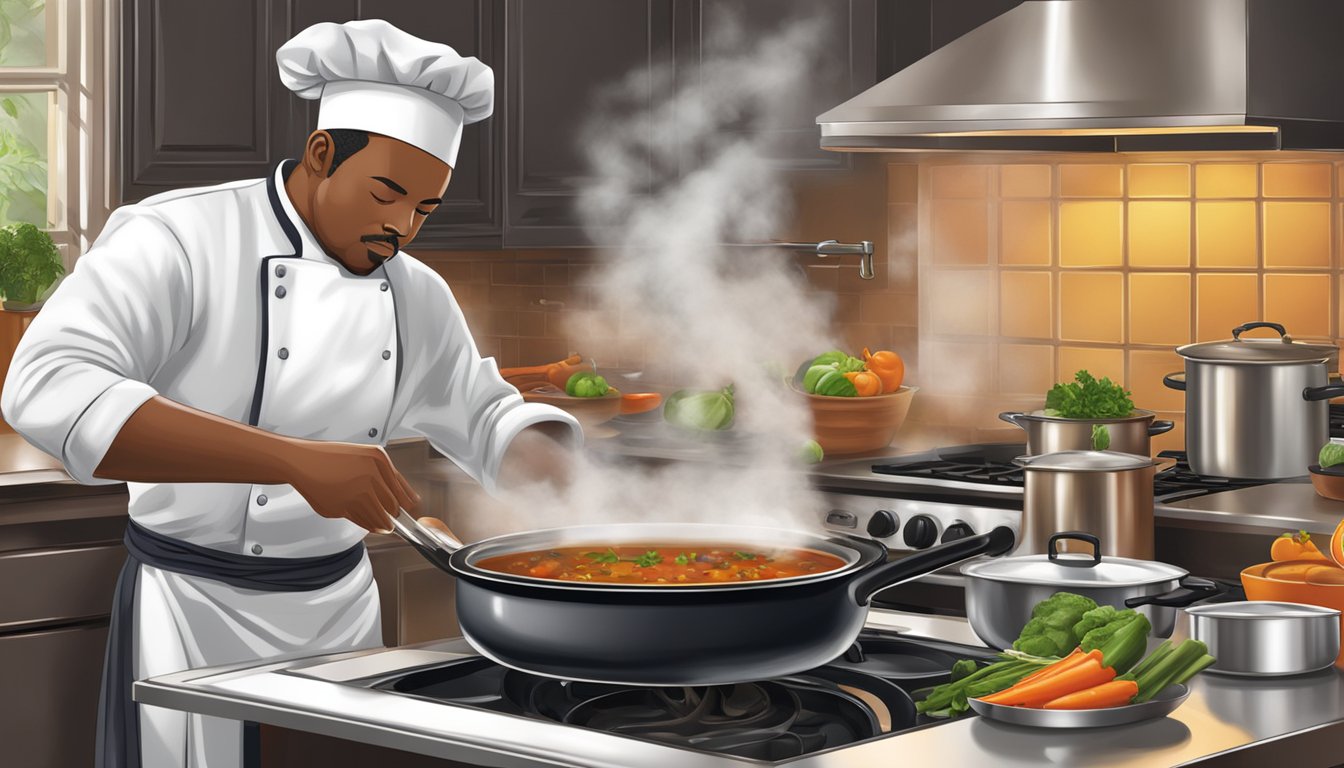 A pot simmers on a stove, steam rising as a chef stirs in spices and vegetables, creating a rich aroma of Texas black bean soup