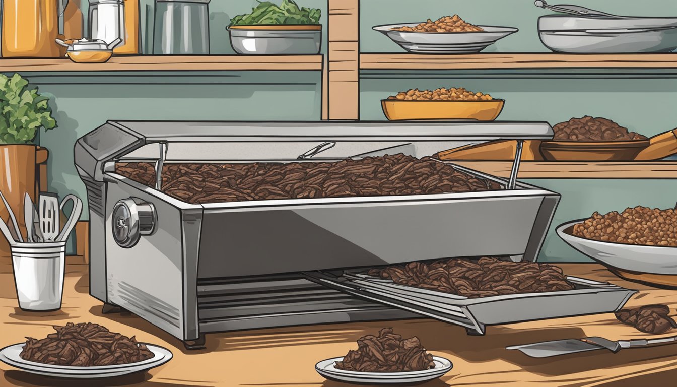 A large metal shredder slicing through tender Texas beef barbacoa, with a platter ready for serving