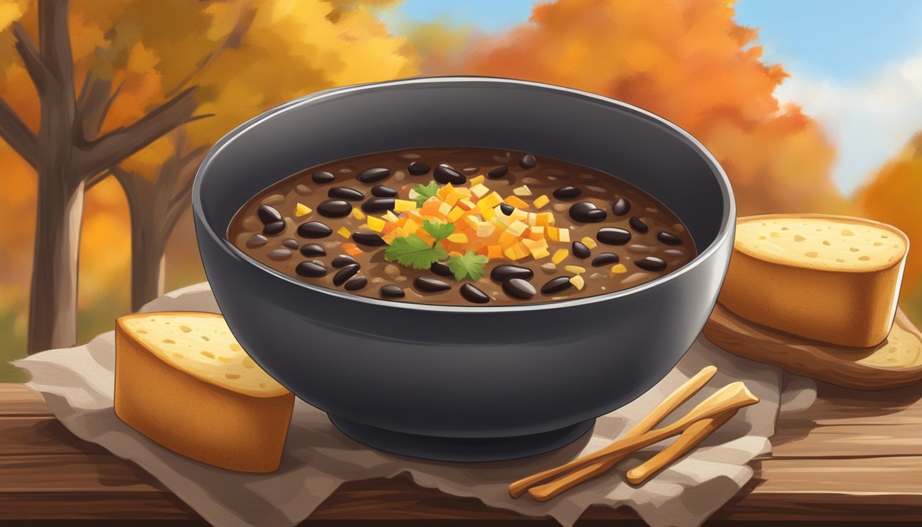 A steaming bowl of Texas black bean soup sits next to a warm slice of cornbread on a rustic wooden table. Outside, colorful autumn leaves flutter in the breeze