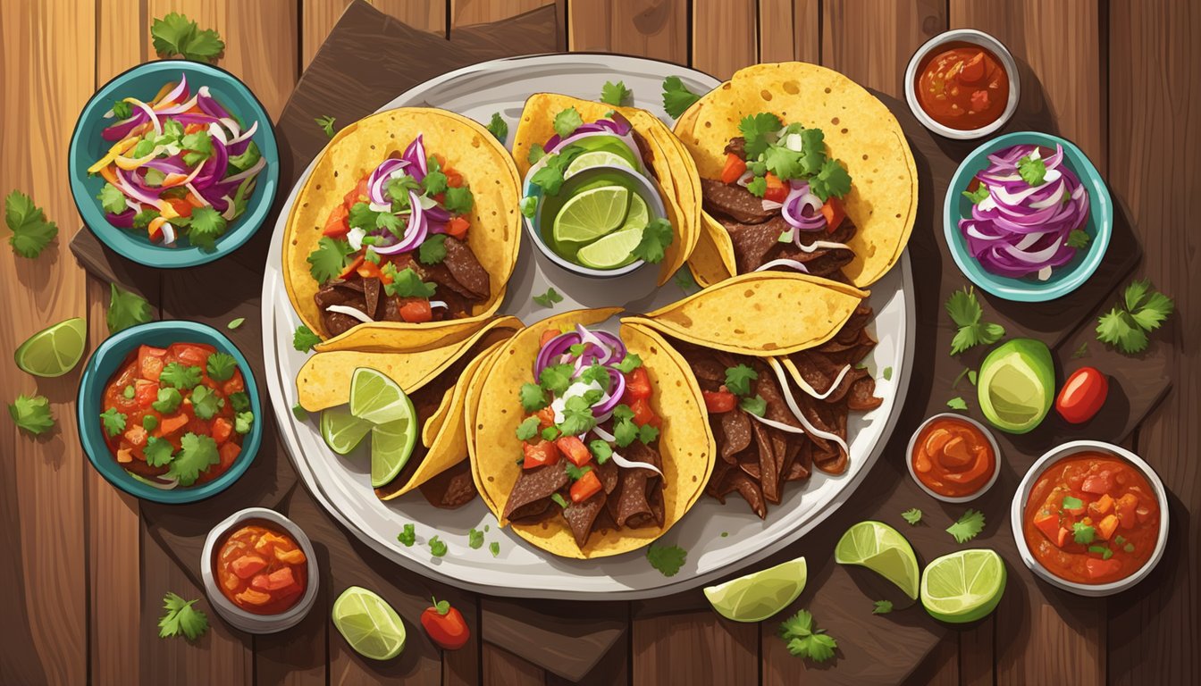 A colorful spread of barbacoa tacos, enchiladas, and nachos on a rustic wooden table with vibrant garnishes and salsa