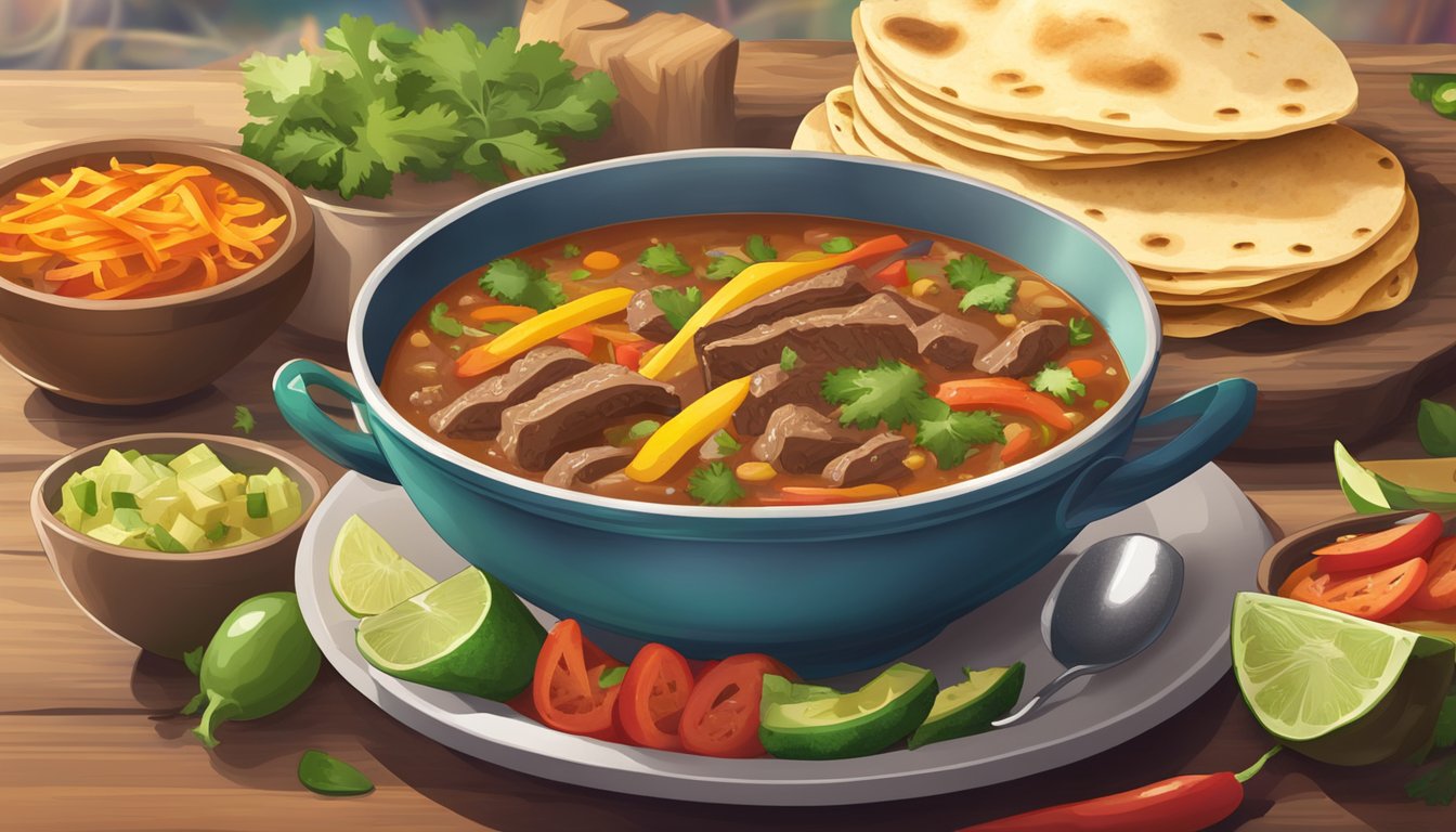 A steaming bowl of Texas beef fajita soup surrounded by colorful vegetables and served with a side of warm tortillas