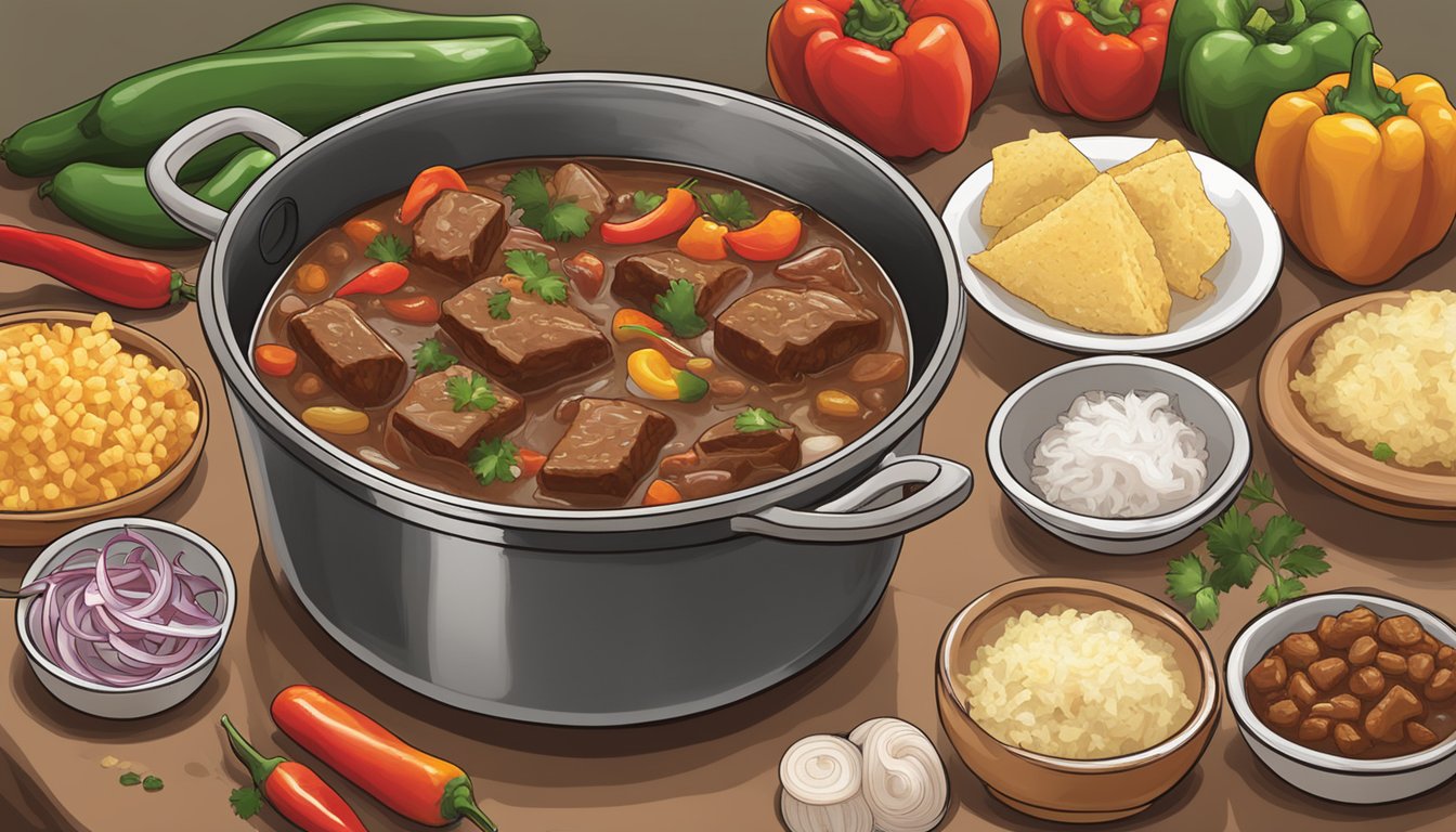 A simmering pot of Texas carne guisada, filled with chunks of tender beef, peppers, and onions, releasing a savory aroma