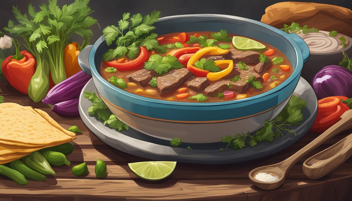 A steaming bowl of Texas beef fajita soup surrounded by colorful vegetables and herbs on a rustic wooden table