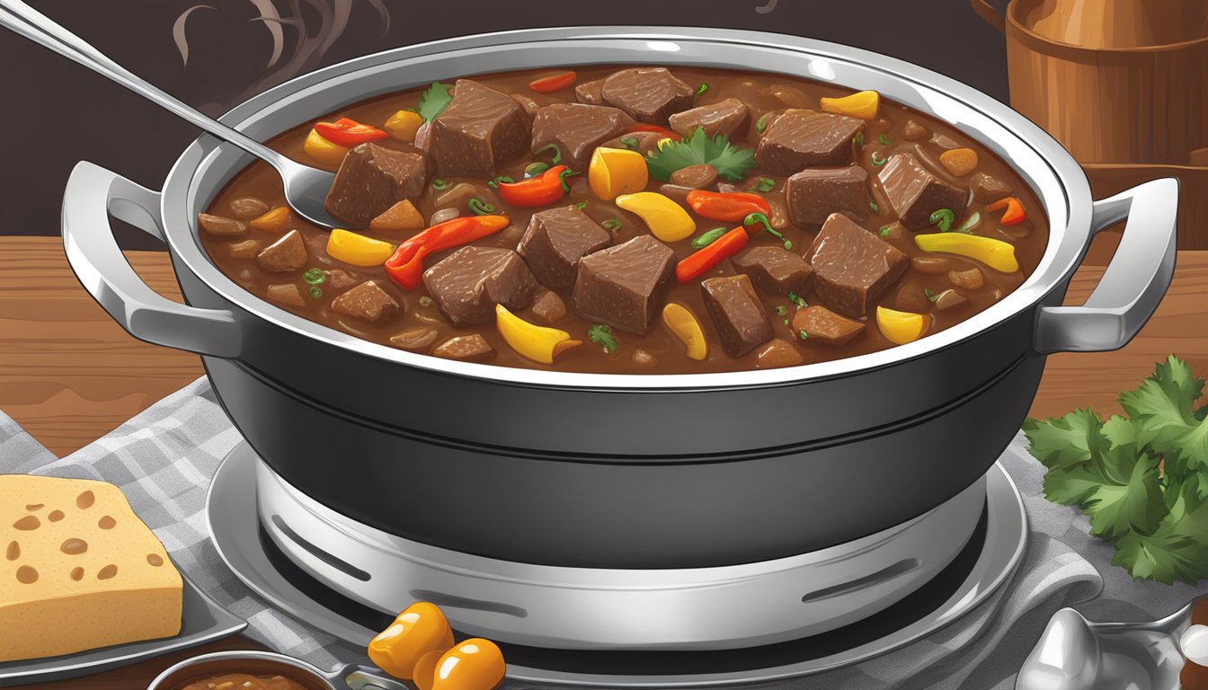 A simmering pot of Texas carne guisada with chunks of beef, onions, and peppers in a rich, savory sauce