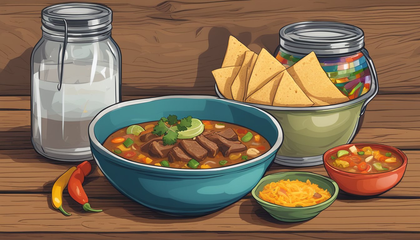 A steaming bowl of Texas beef fajita soup sits on a rustic wooden table next to a jar of colorful assorted leftovers