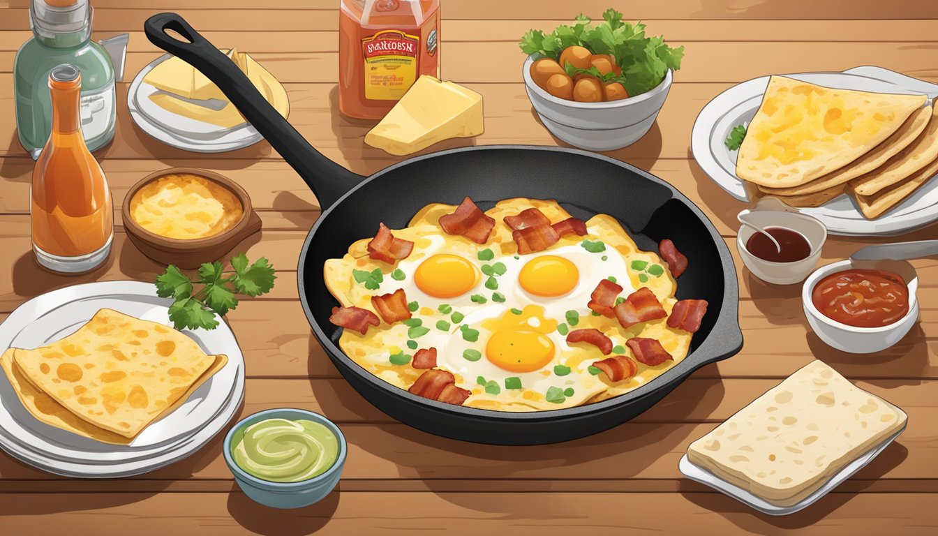 A sizzling skillet with eggs, bacon, potatoes, and cheese, surrounded by tortillas and hot sauce