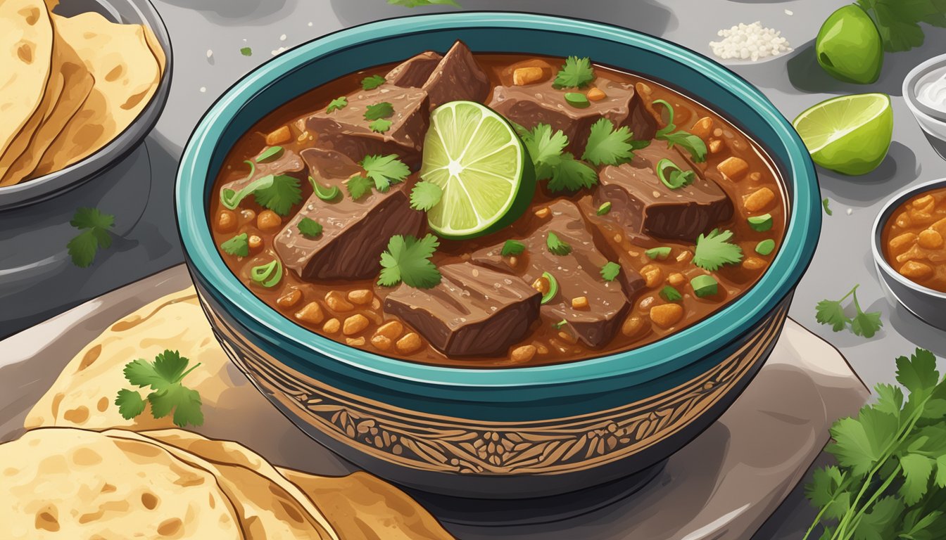 A steaming bowl of Texas carne guisada surrounded by warm tortillas and garnished with fresh cilantro and lime wedges