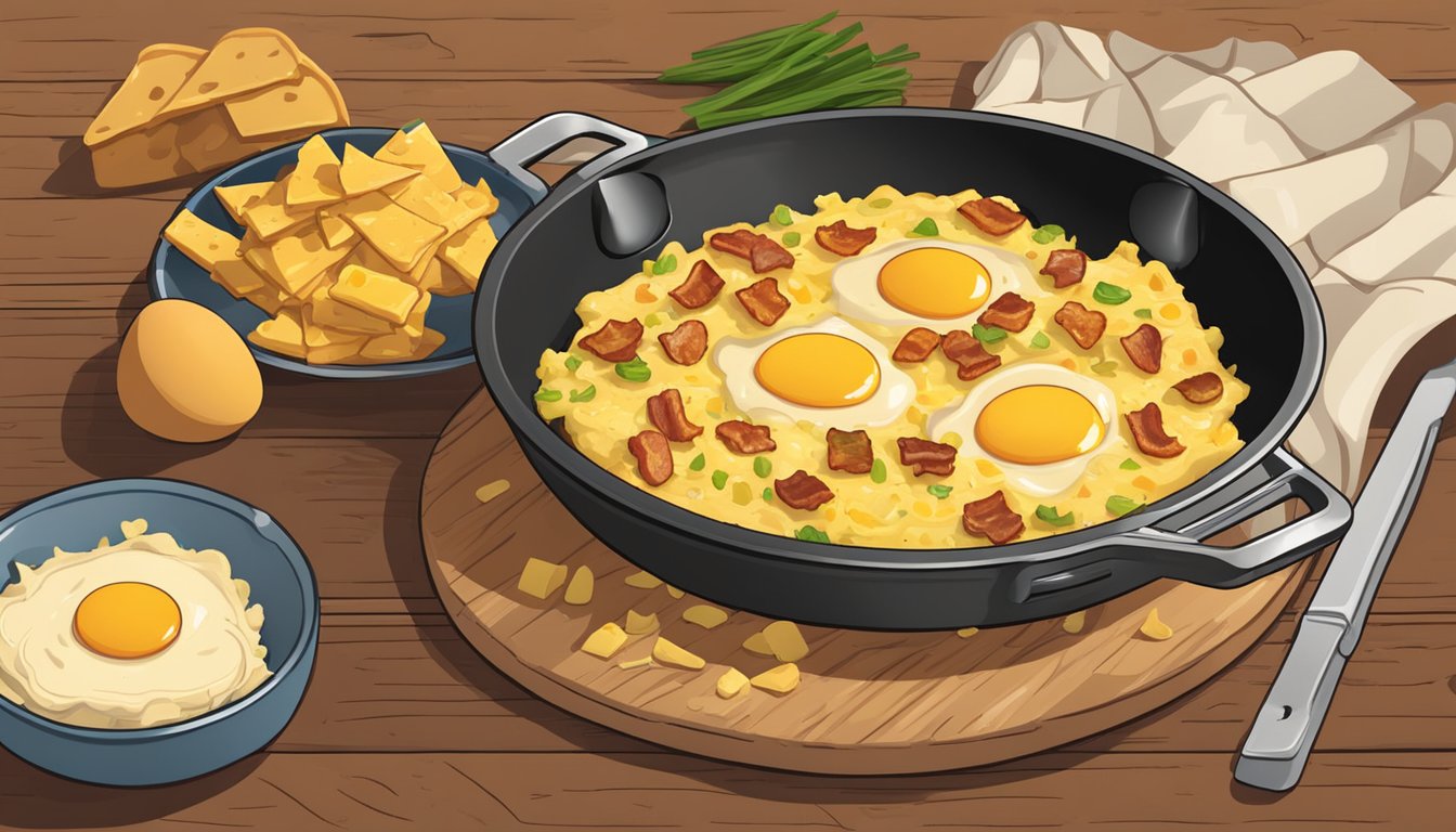 A sizzling skillet holds a mix of scrambled eggs, crispy bacon, diced potatoes, and melted cheese. A stack of warm flour tortillas waits nearby