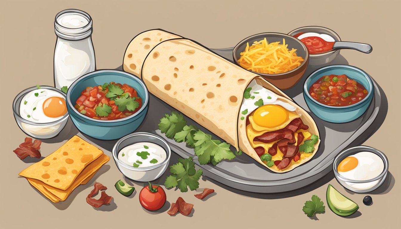 A breakfast burrito with salsa, cheese, eggs, and bacon, surrounded by a variety of condiments and toppings like hot sauce, sour cream, and chopped cilantro