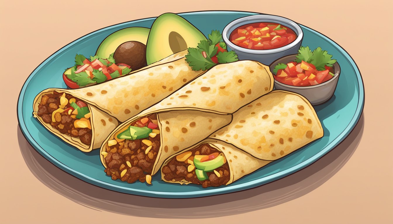 A sizzling breakfast burrito on a colorful plate with fresh salsa, avocado slices, and a side of crispy hash browns