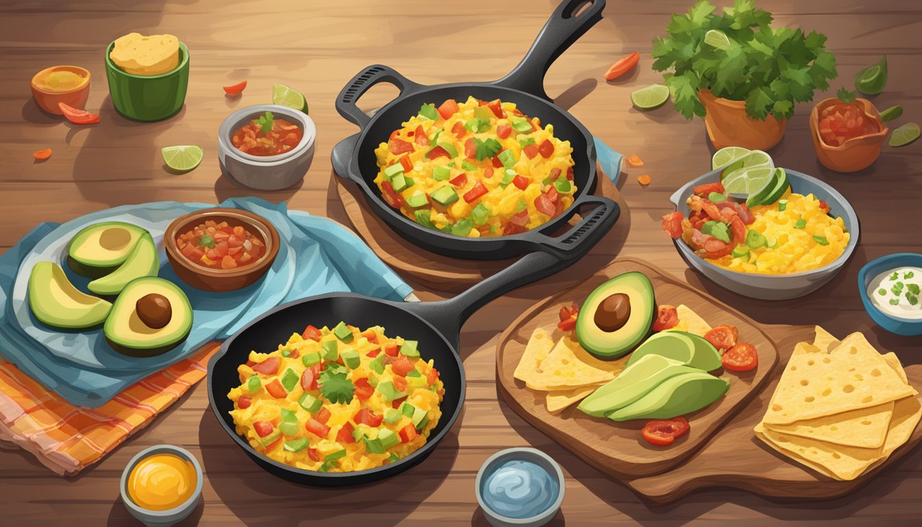 A sizzling skillet holds warm tortillas, filled with scrambled eggs, crispy bacon, and melted cheese, surrounded by colorful bowls of fresh salsa and diced avocado