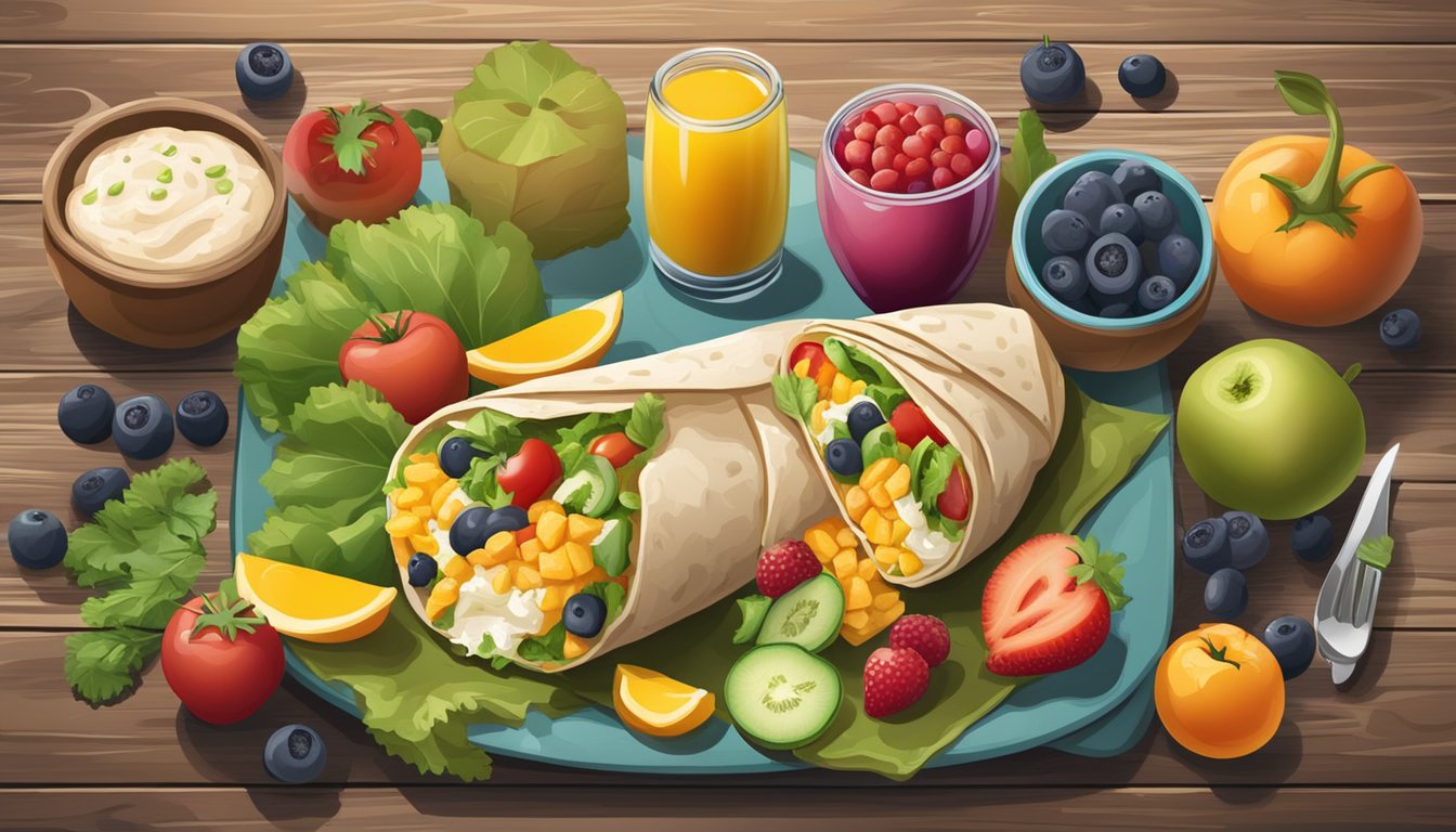 A colorful breakfast burrito surrounded by fresh fruits and vegetables on a rustic wooden table