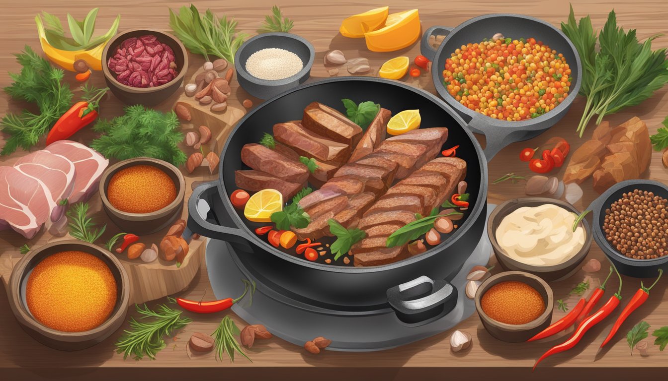 A sizzling skillet of various meats and proteins being cooked over an open flame, surrounded by colorful spices and fresh ingredients