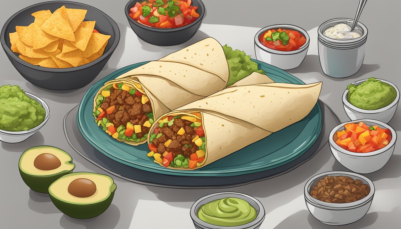 A steaming breakfast burrito surrounded by a colorful array of fresh salsa, guacamole, and a side of crispy hash browns