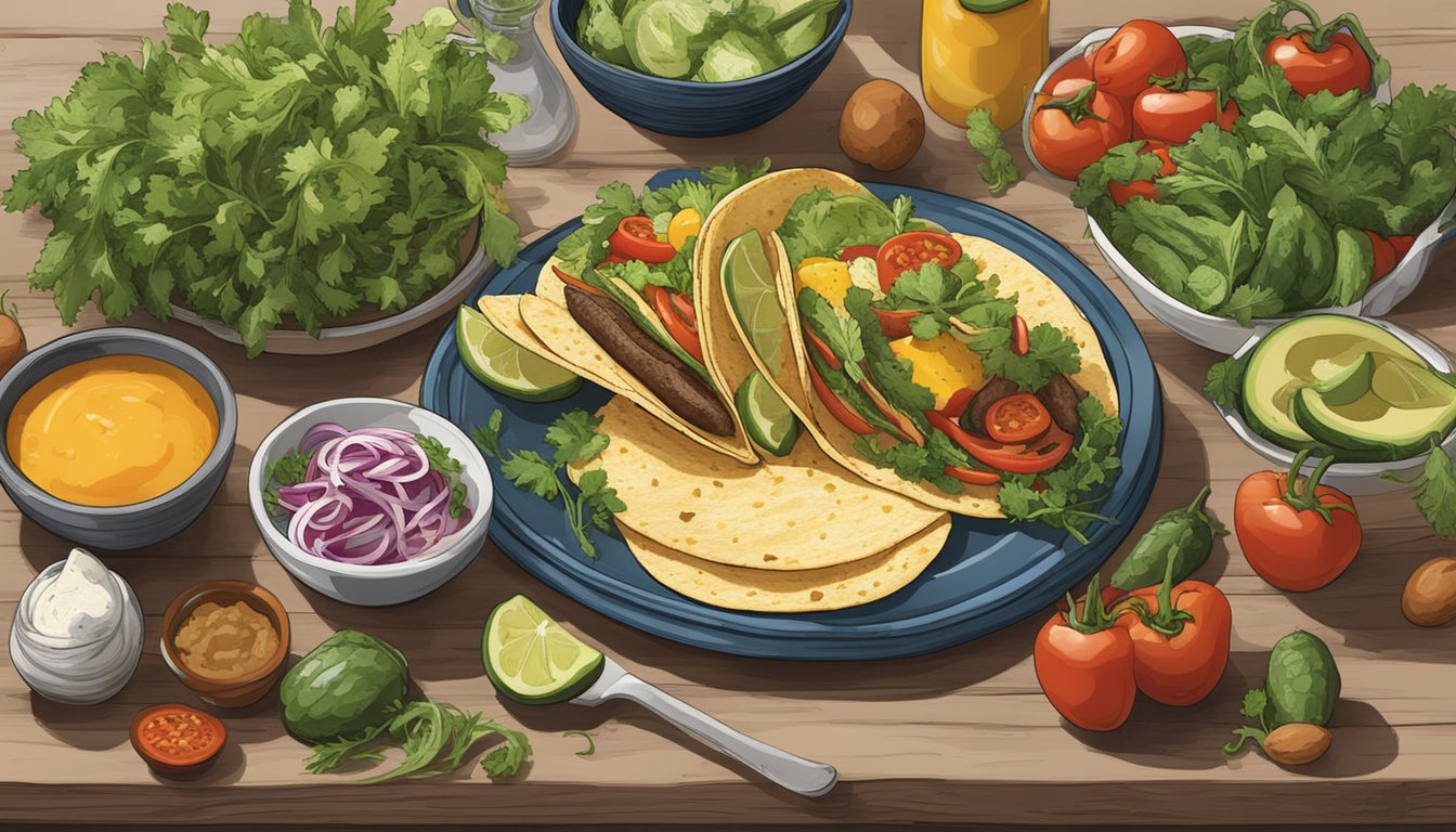 A rustic kitchen counter with a variety of fresh vegetables and herbs arranged around a plate of Texas breakfast tacos